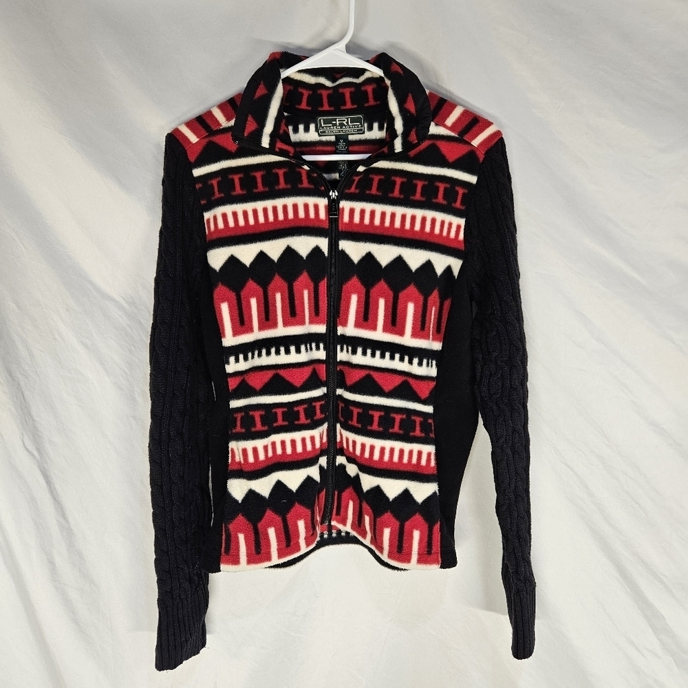 Lauren Ralph Lauren Geometric Print Fleece & Cable Knit Sweater Size Medium